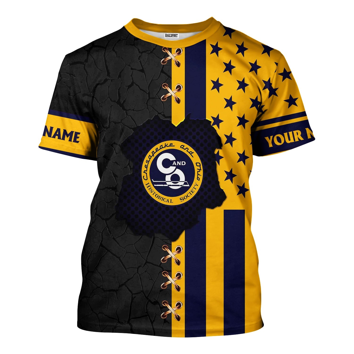 Railspirit Personalized Chesapeake and Ohio Railway T-Shirt American Flag with Crack Effect C&O Train Shirt