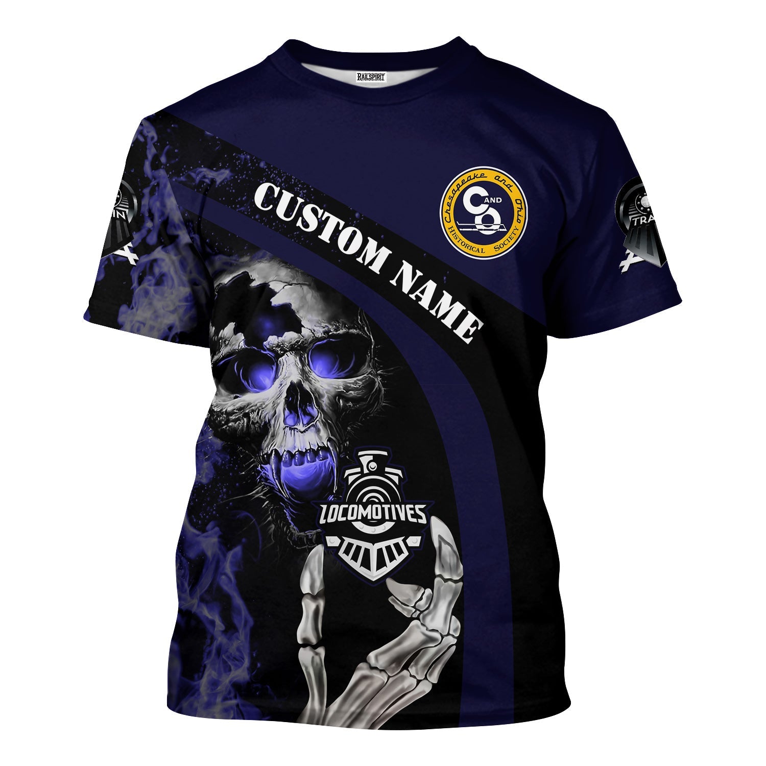 Railspirit Personalized Chesapeake and Ohio Railway T-Shirt Flame Skull Design C&O Train Shirt for Locomotive Fans