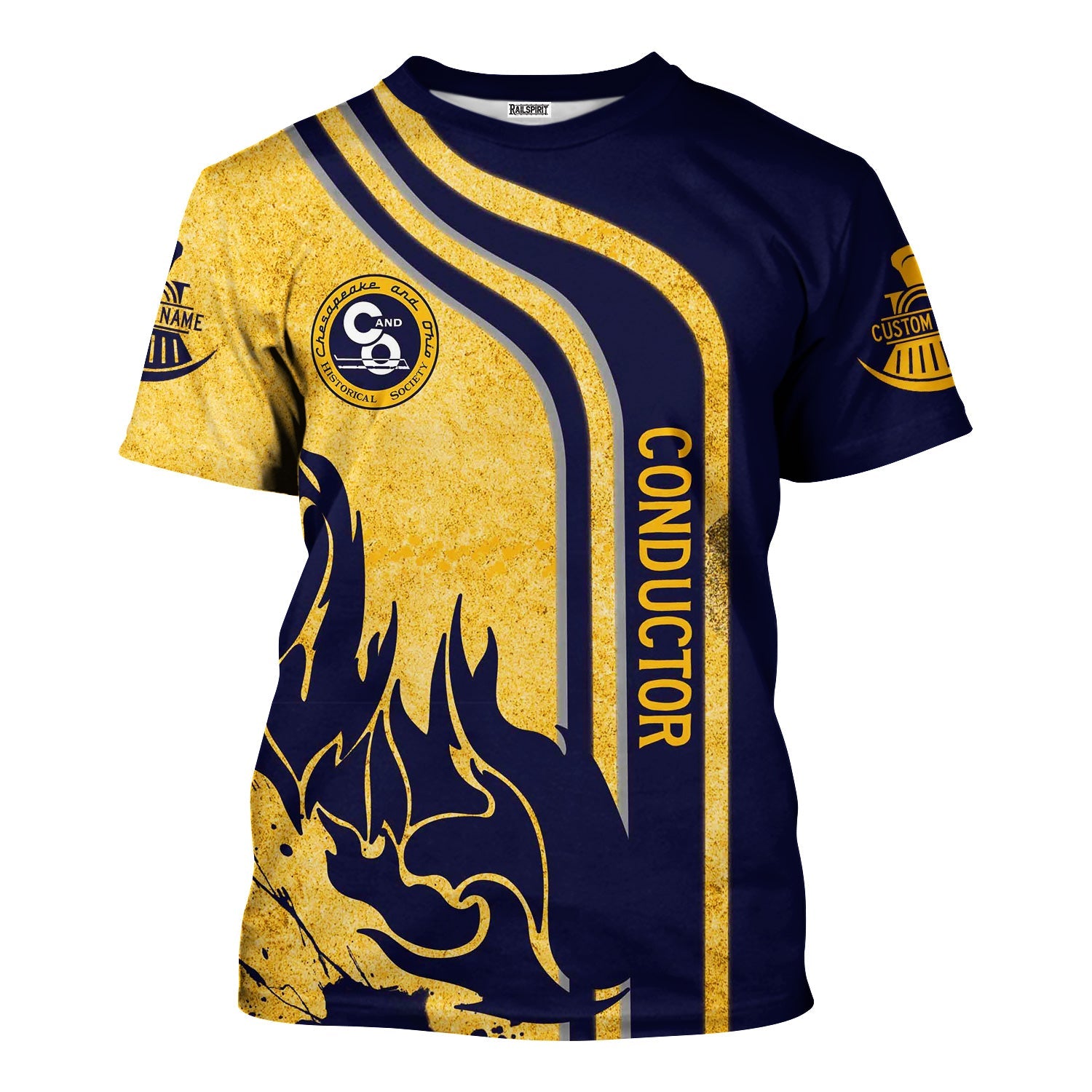 Railspirit Personalized Chesapeake and Ohio Railway T-Shirt Flame Design with Custom Job Position C&O Train Shirt