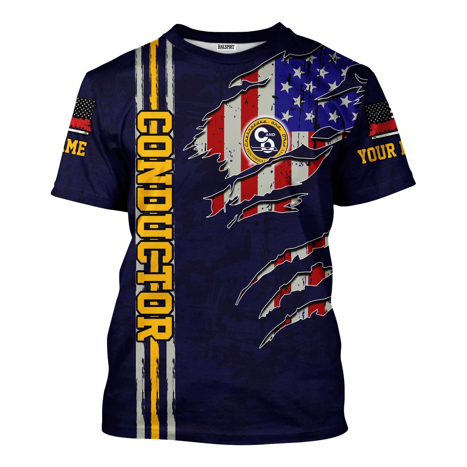 Railspirit Personalized Chesapeake and Ohio Railway T-Shirt USA Flag Claw Art with Custom Job C&O Train Shirt