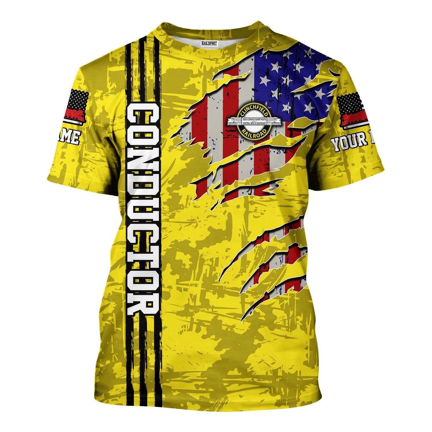 Railspirit Personalized Clinchfield Railroad T-Shirt USA Flag Claw Art with Custom Job Train Shirt