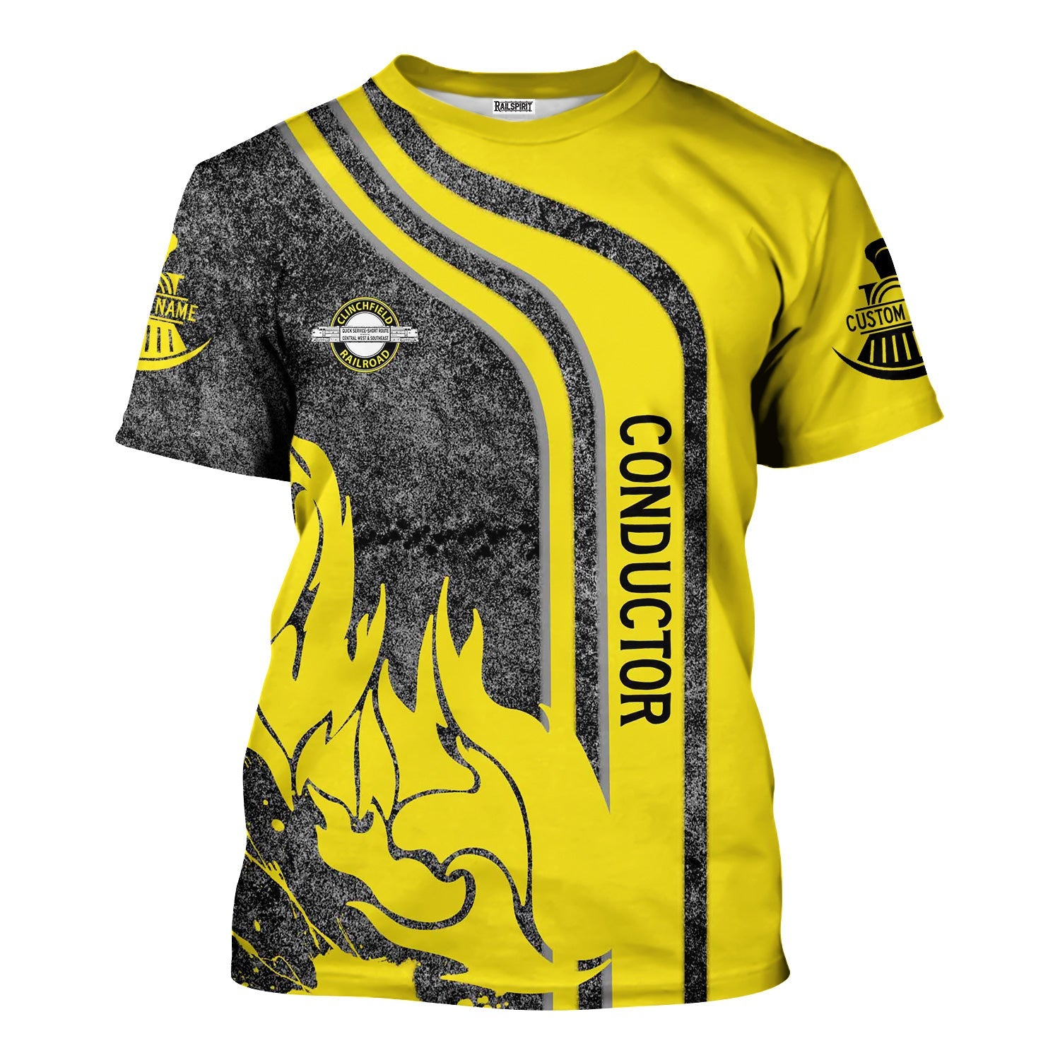 Railspirit Personalized Clinchfield Railroad T-Shirt Flame Design with Custom Job Position Train Shirt