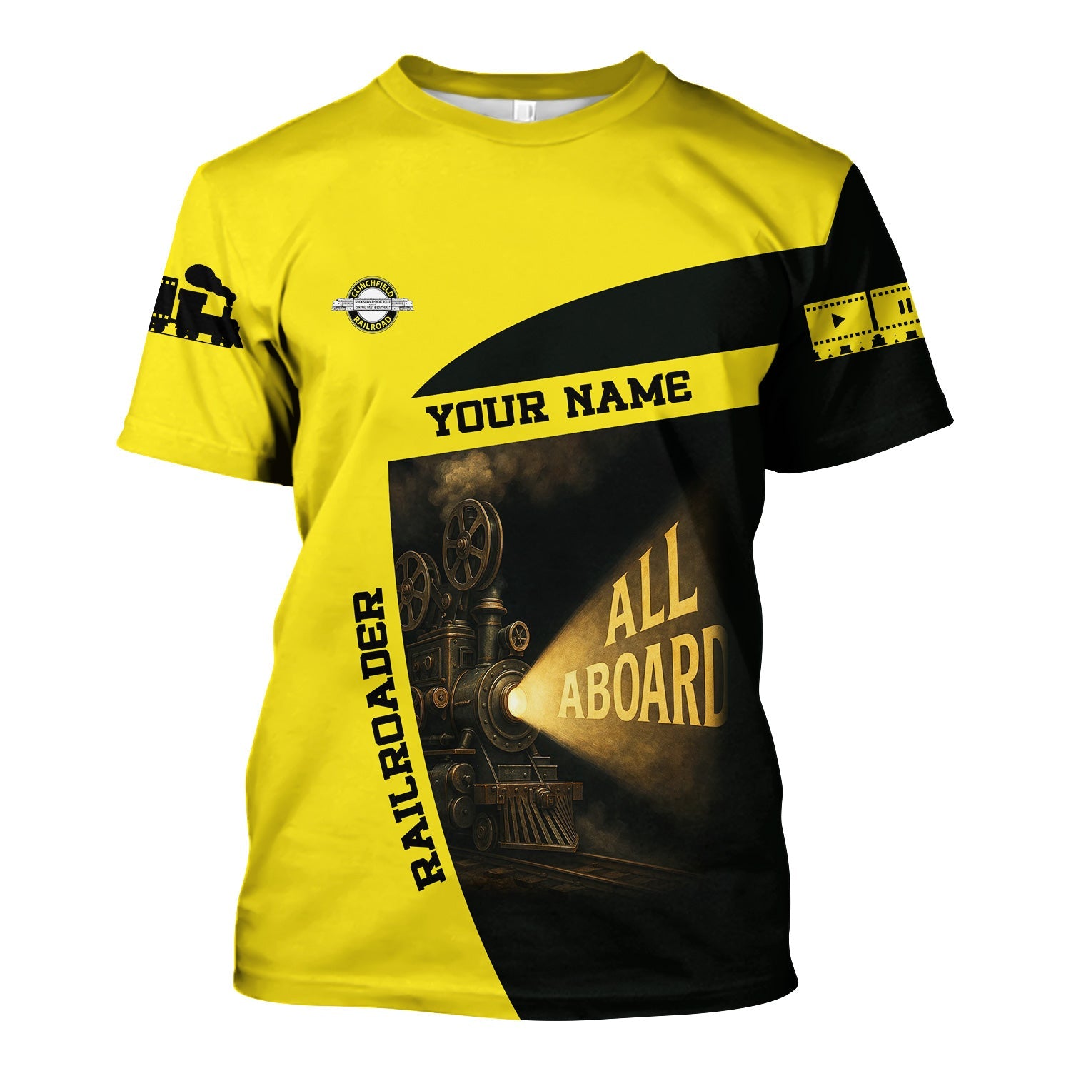 Railspirit Personalized Clinchfield Railroad T-Shirt All Aboard Steam Train Movie Projector Style Shirt