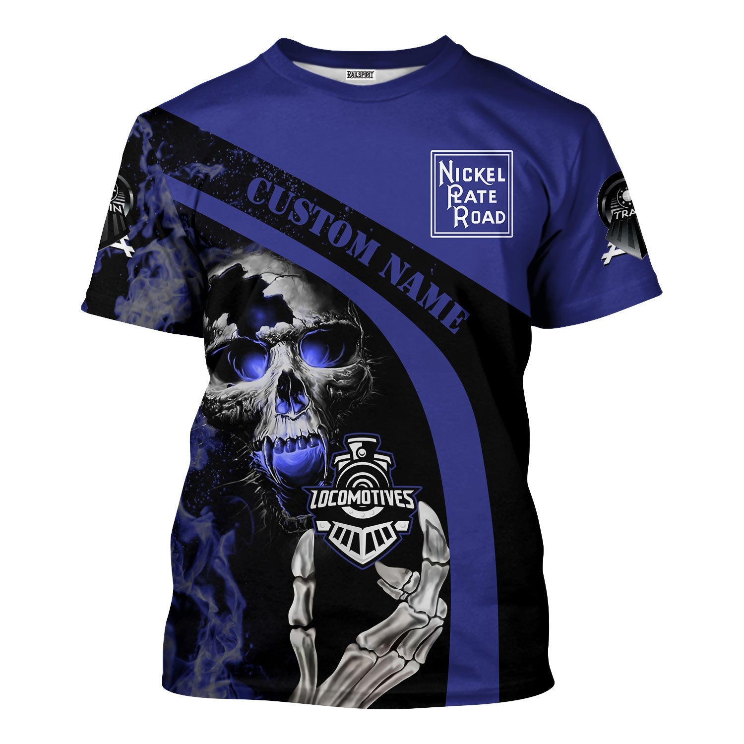 Railspirit Personalized New York, Chicago and St. Louis Railroad T-Shirt Flame Skull Design Nickel Plate Road Train Shirt for Locomotive Fans