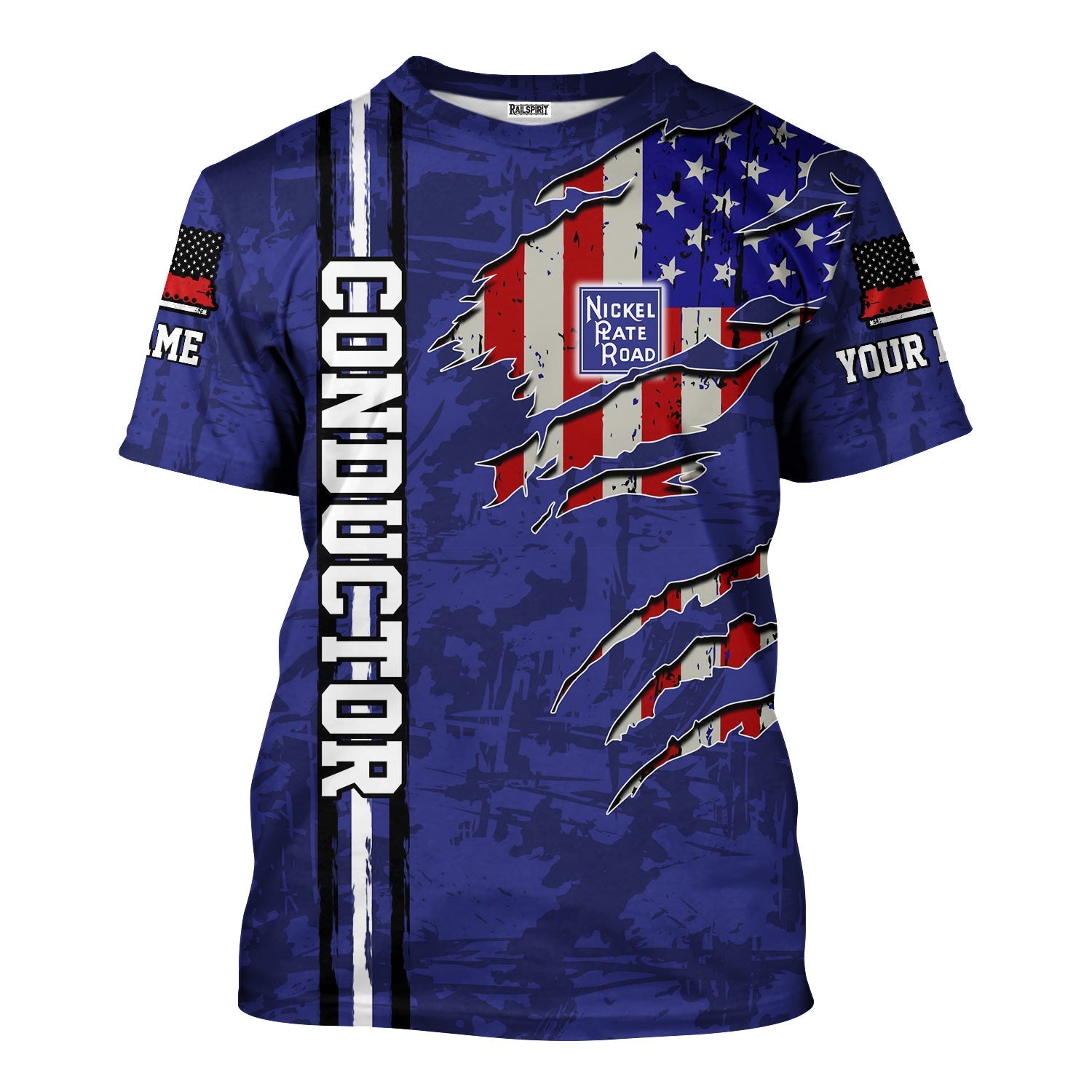 Railspirit Personalized New York, Chicago and St. Louis Railroad T-Shirt USA Flag Claw Art with Custom Job Nickel Plate Road Train Shirt