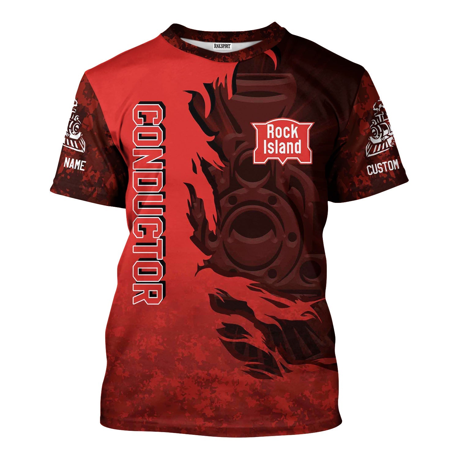 Railspirit Personalized Chicago, Rock Island and Pacific Railroad T-Shirt Blazing Style with Custom Position Rock Island Railroad Train Shirt