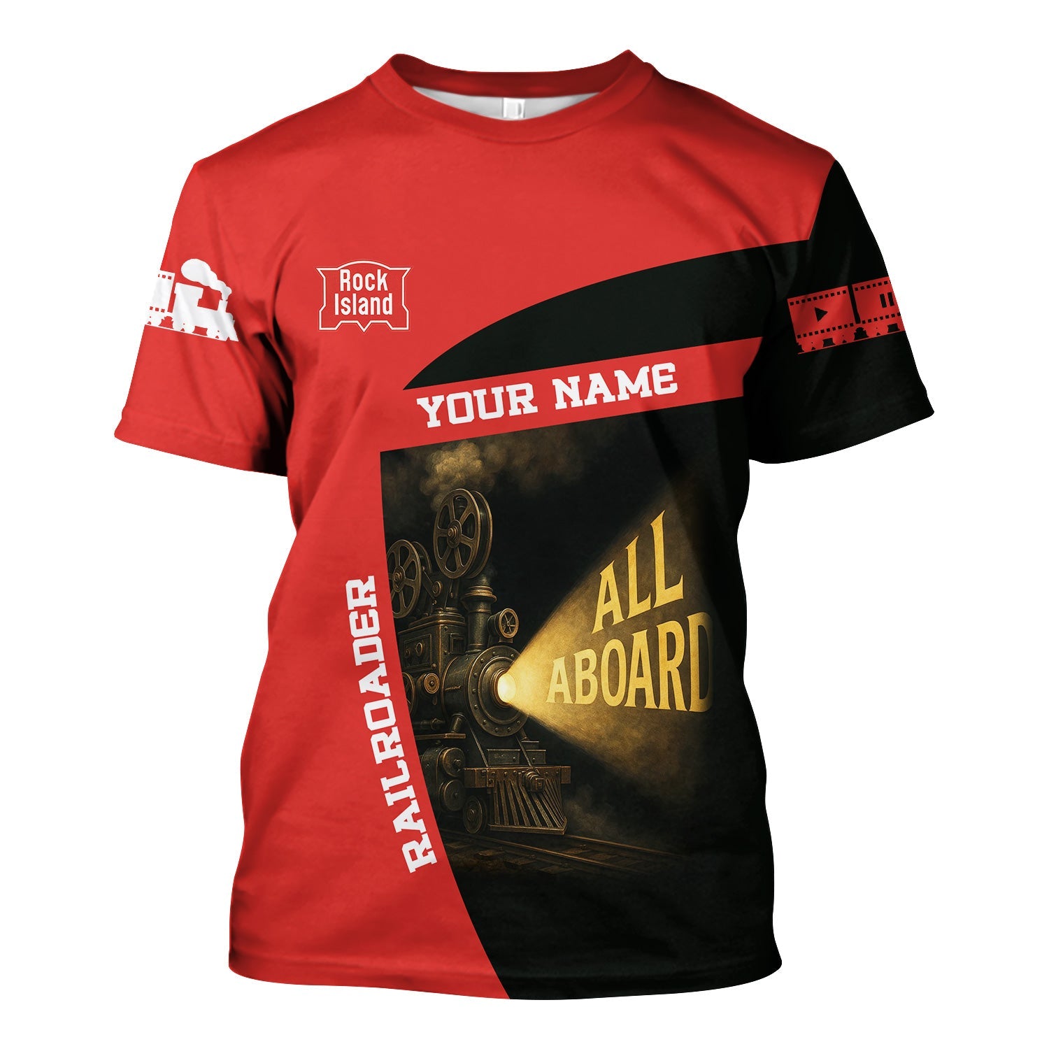 Railspirit Personalized Chicago, Rock Island and Pacific Railroad T-Shirt All Aboard Steam Train Movie Projector Style Rock Island Railroad Shirt