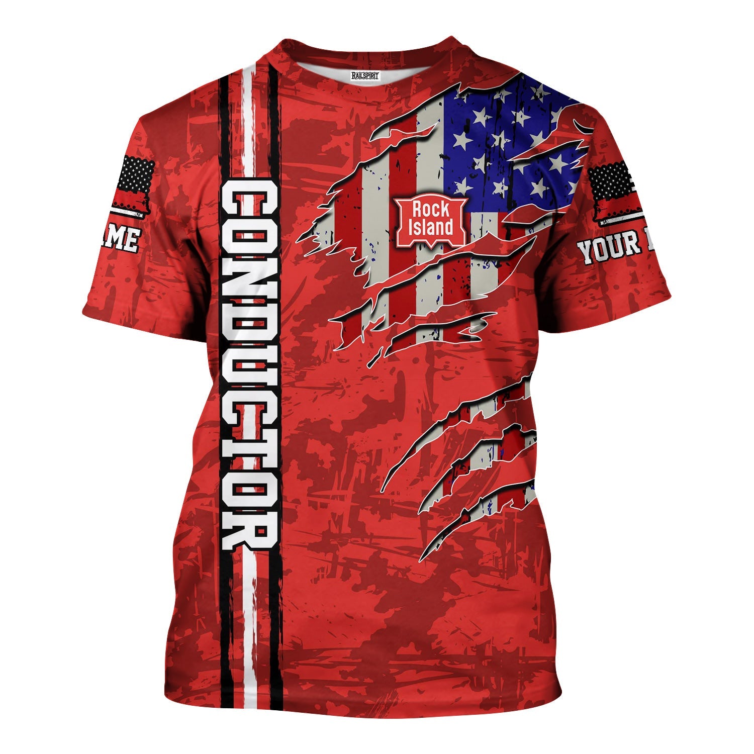 Railspirit Personalized Chicago, Rock Island and Pacific Railroad T-Shirt USA Flag Claw Art with Custom Job Rock Island Railroad Train Shirt