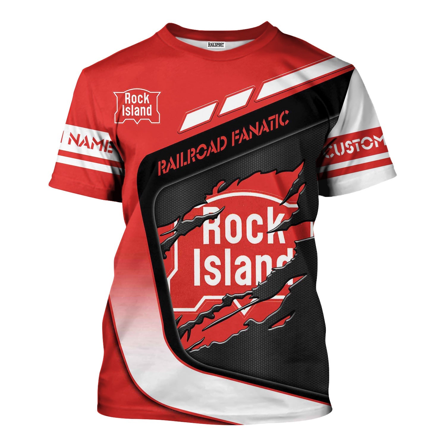 Railspirit Personalized Chicago, Rock Island and Pacific Railroad T-Shirt Ripped Texture Style Rock Island Railroad Train Shirt For Railroad Fanatic