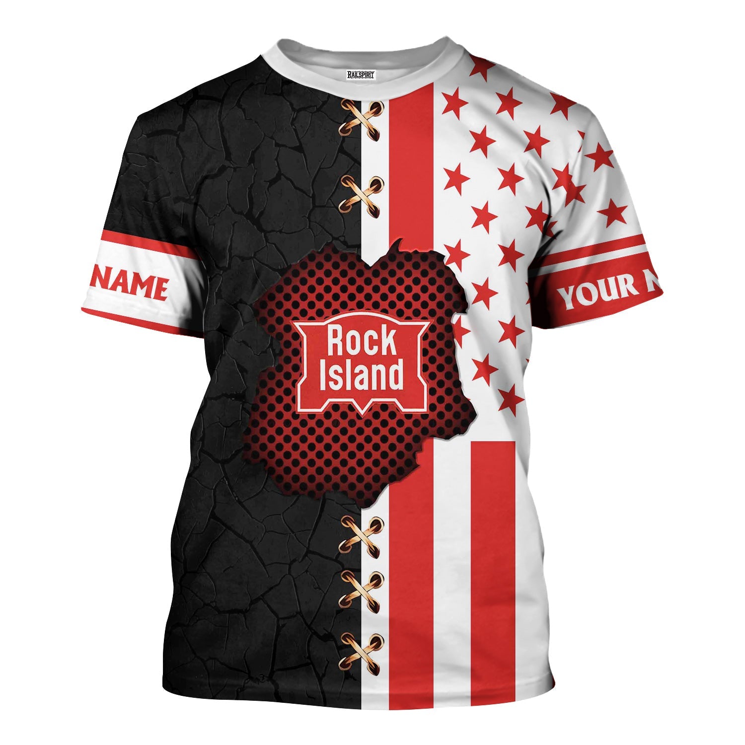 Railspirit Personalized Chicago, Rock Island and Pacific Railroad T-Shirt American Flag with Crack Effect Rock Island Railroad Train Shirt