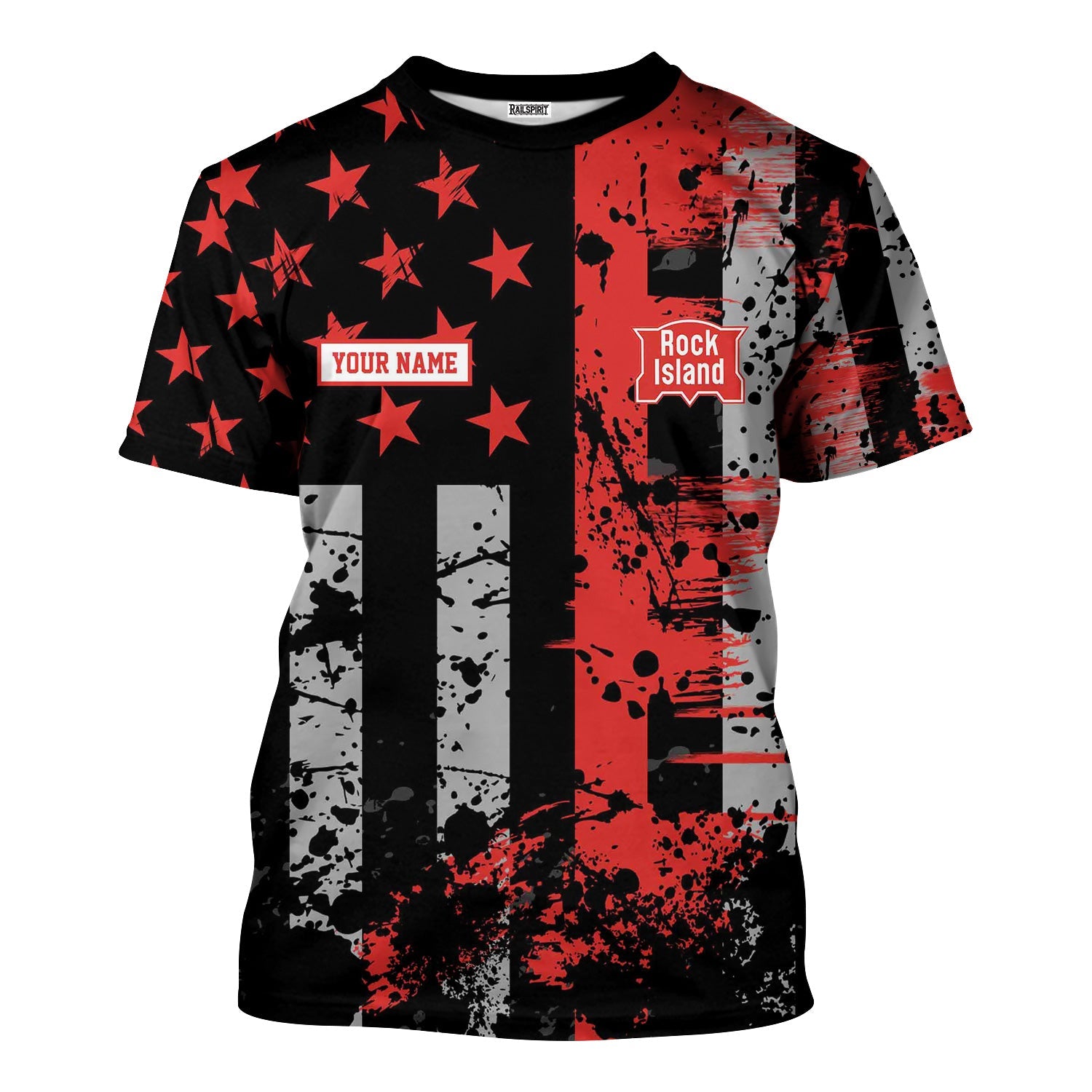 Railspirit Personalized Chicago, Rock Island and Pacific Railroad T-Shirt Artistic Paint American Flag Style Rock Island Railroad Train Shirt