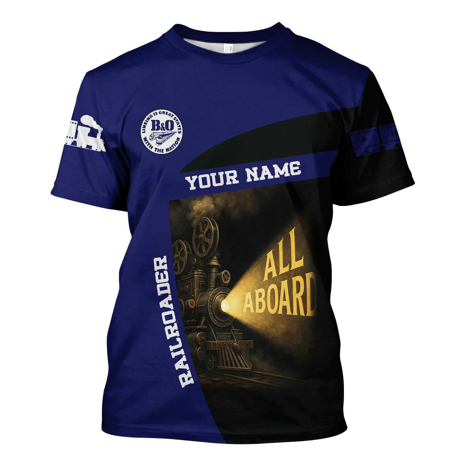 Railspirit Personalized B&O Great States Railroad T-Shirt All Aboard Steam Train Movie Projector Style Shirt