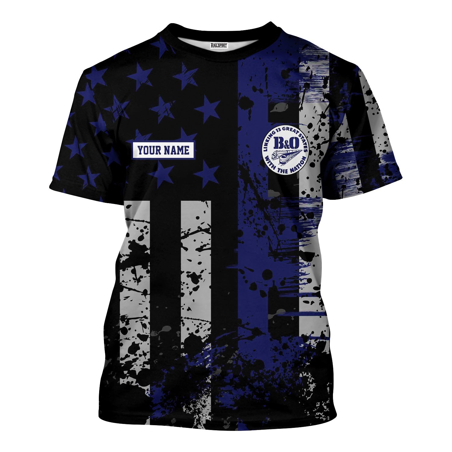 Railspirit Personalized B&O Great States Railroad T-Shirt Artistic Paint American Flag Style Train Shirt