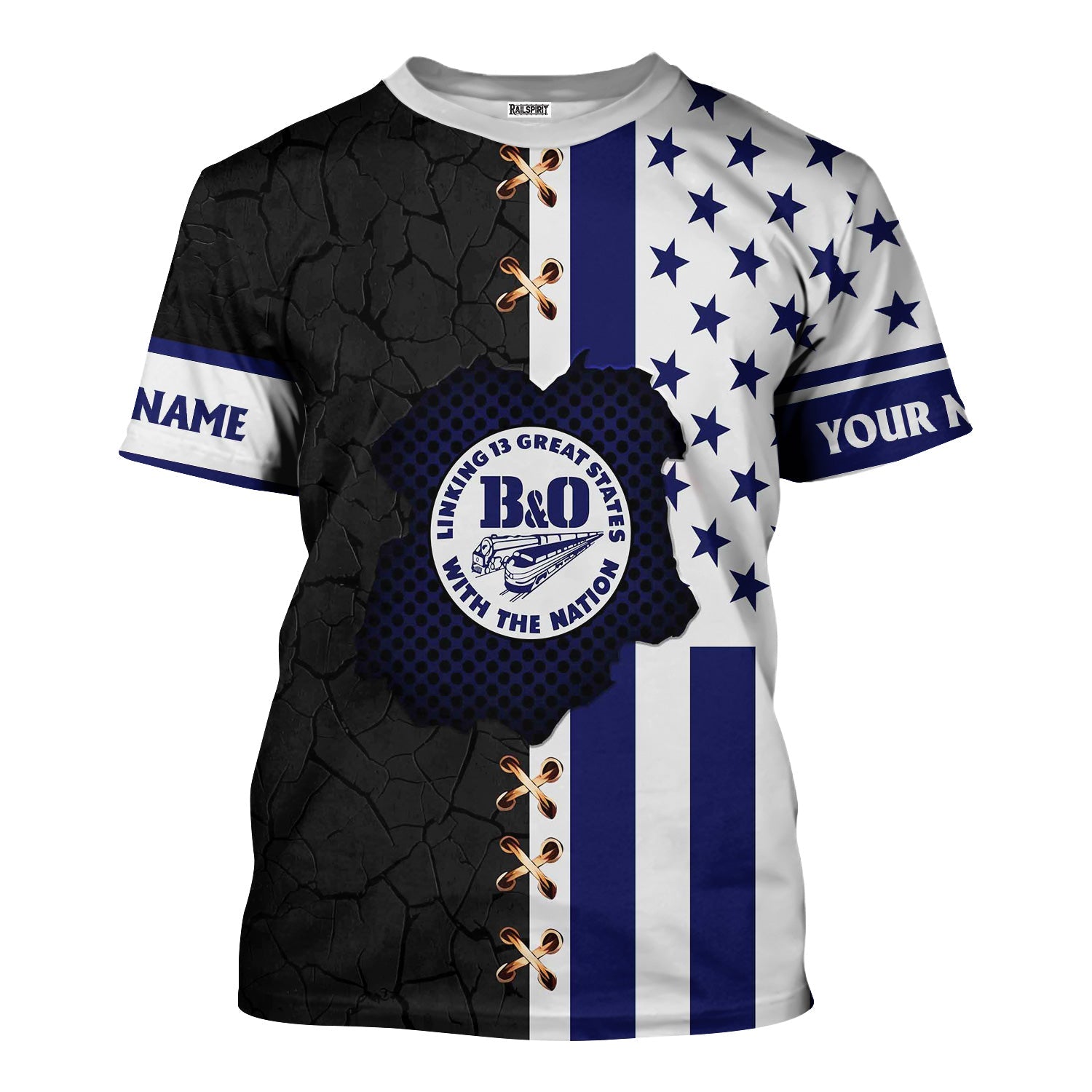 Railspirit Personalized B&O Great States Railroad T-Shirt American Flag with Crack Effect Train Shirt