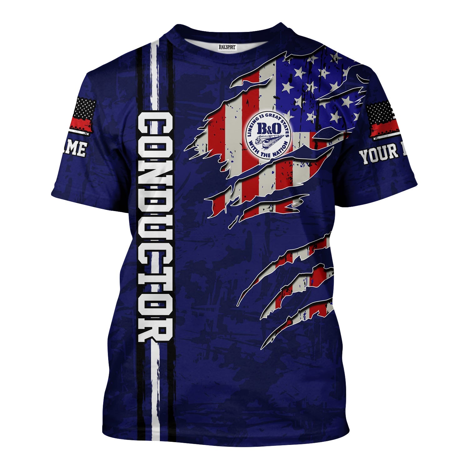 Railspirit Personalized B&O Great States Railroad T-Shirt USA Flag Claw Art with Custom Job Train Shirt