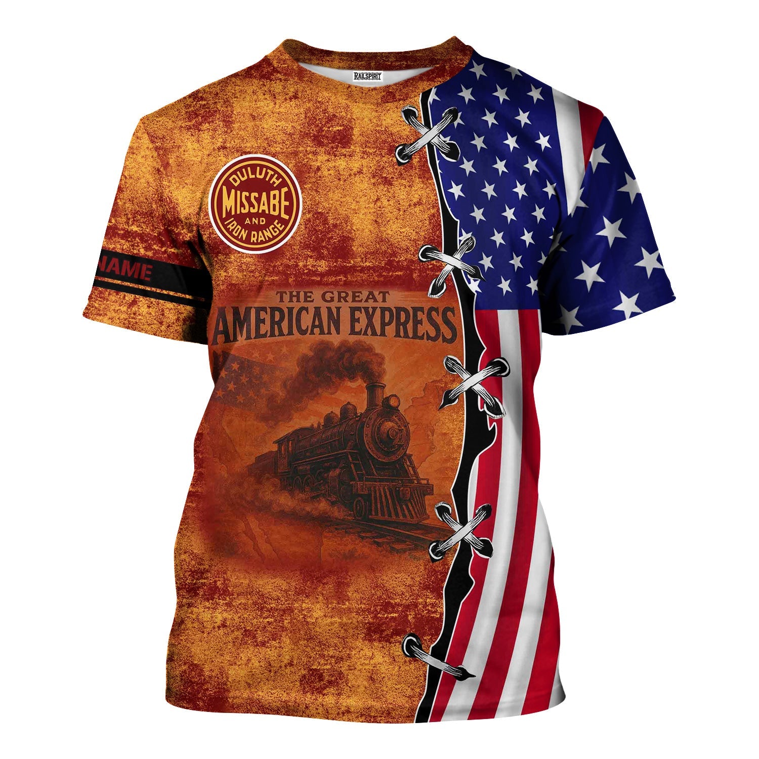 Railspirit Personalized Duluth, Missabe, & Iron Range Railroad T-Shirt Retro American Express Train With USA Flag Shirt