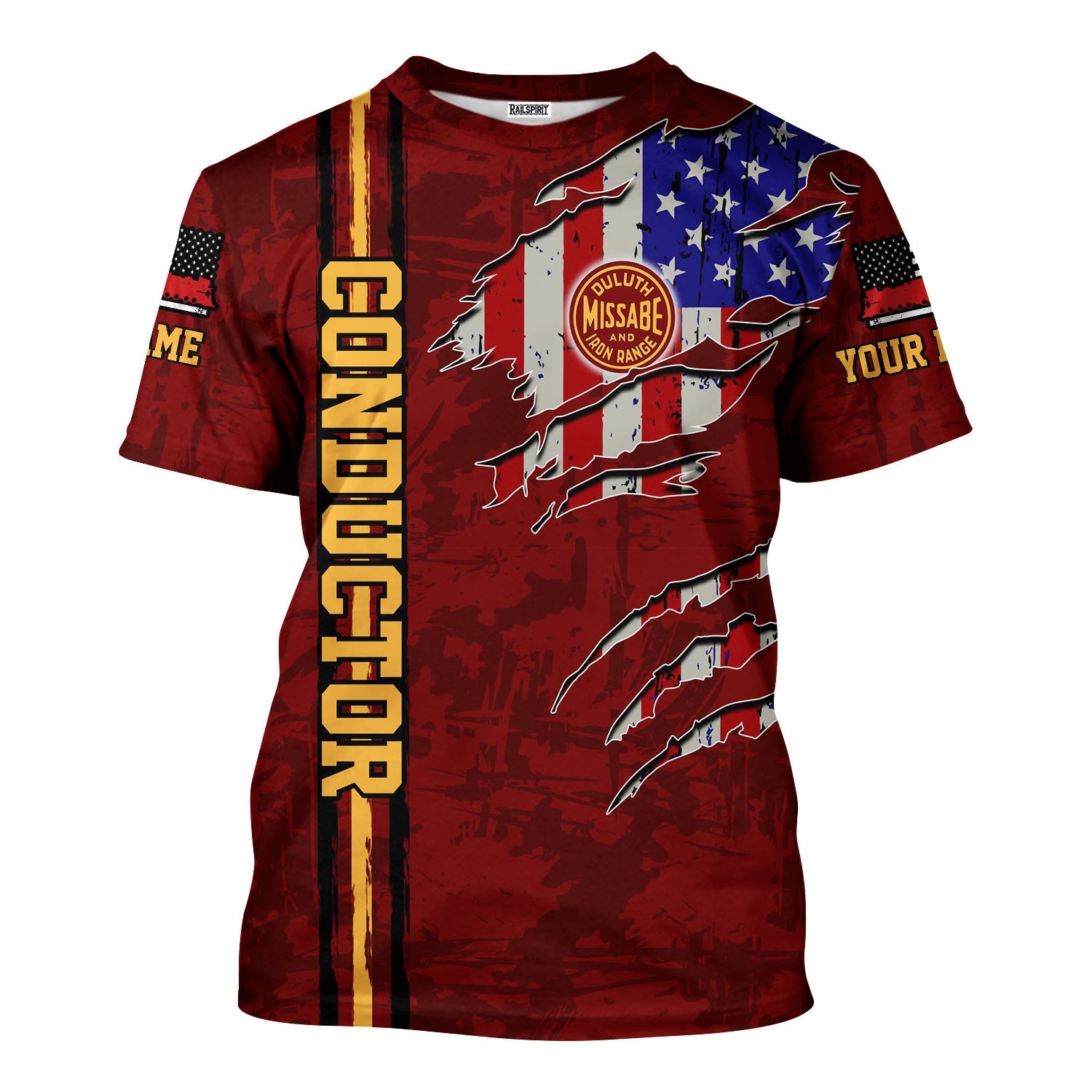 Railspirit Personalized Duluth, Missabe, & Iron Range Railroad T-Shirt USA Flag Claw Art with Custom Job Train Shirt