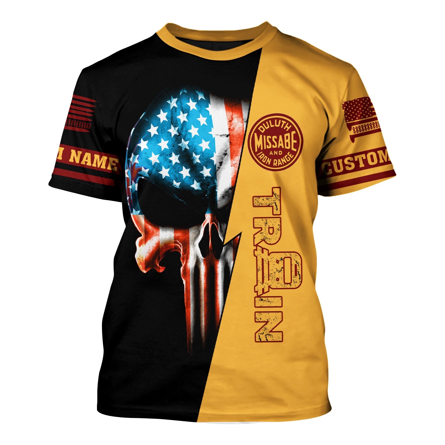 Railspirit Personalized Duluth, Missabe, & Iron Range Railroad T-Shirt Train Skull American Flag Shirt All Over Print