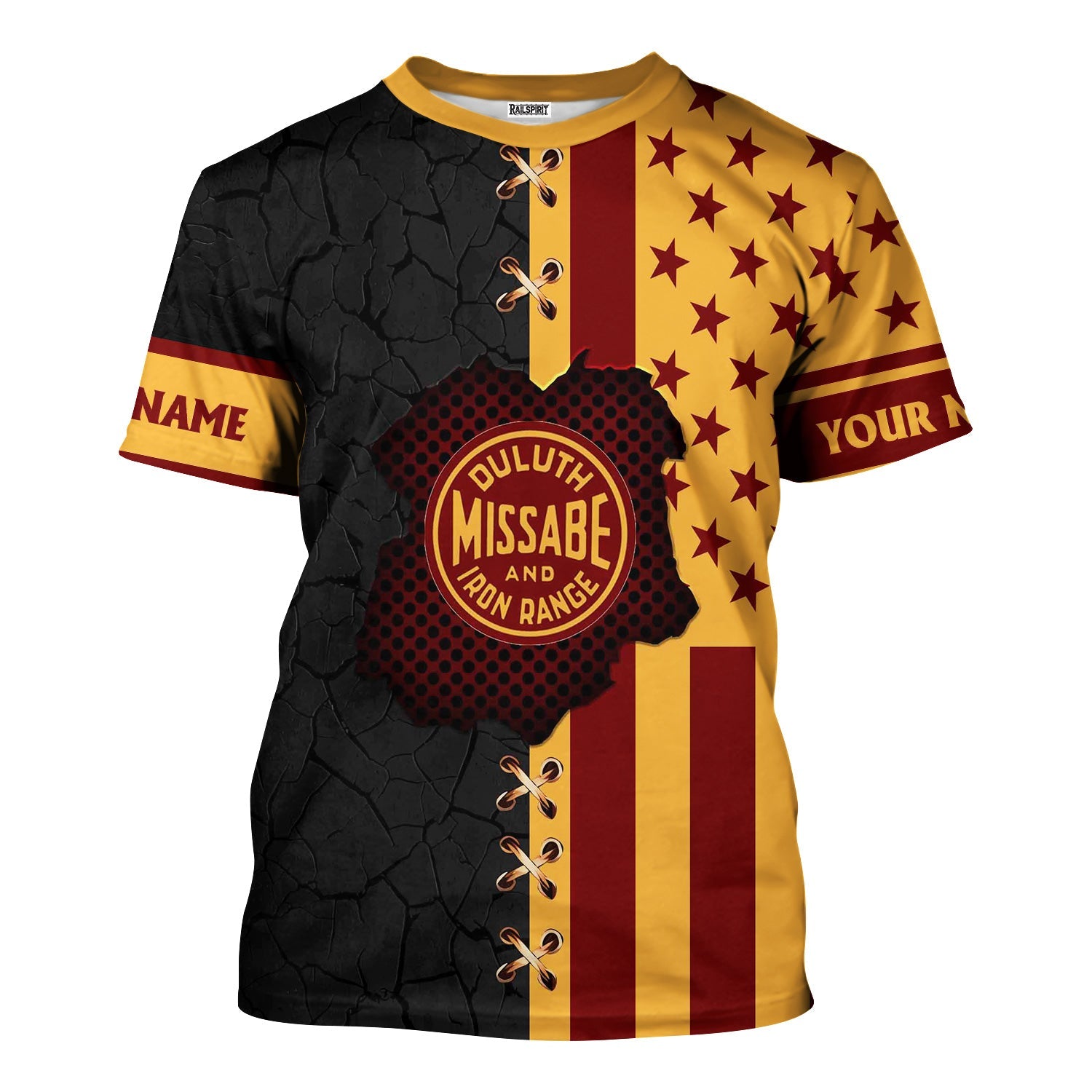 Railspirit Personalized Duluth, Missabe, & Iron Range Railroad T-Shirt American Flag with Crack Effect Train Shirt