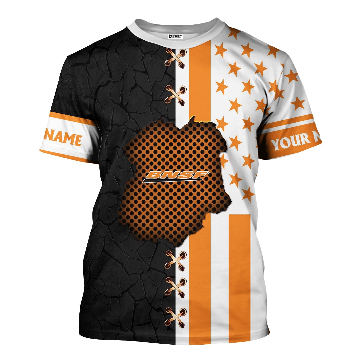 Railspirit Personalized BNSF Railway T-Shirt American Flag with Crack Effect Train Shirt