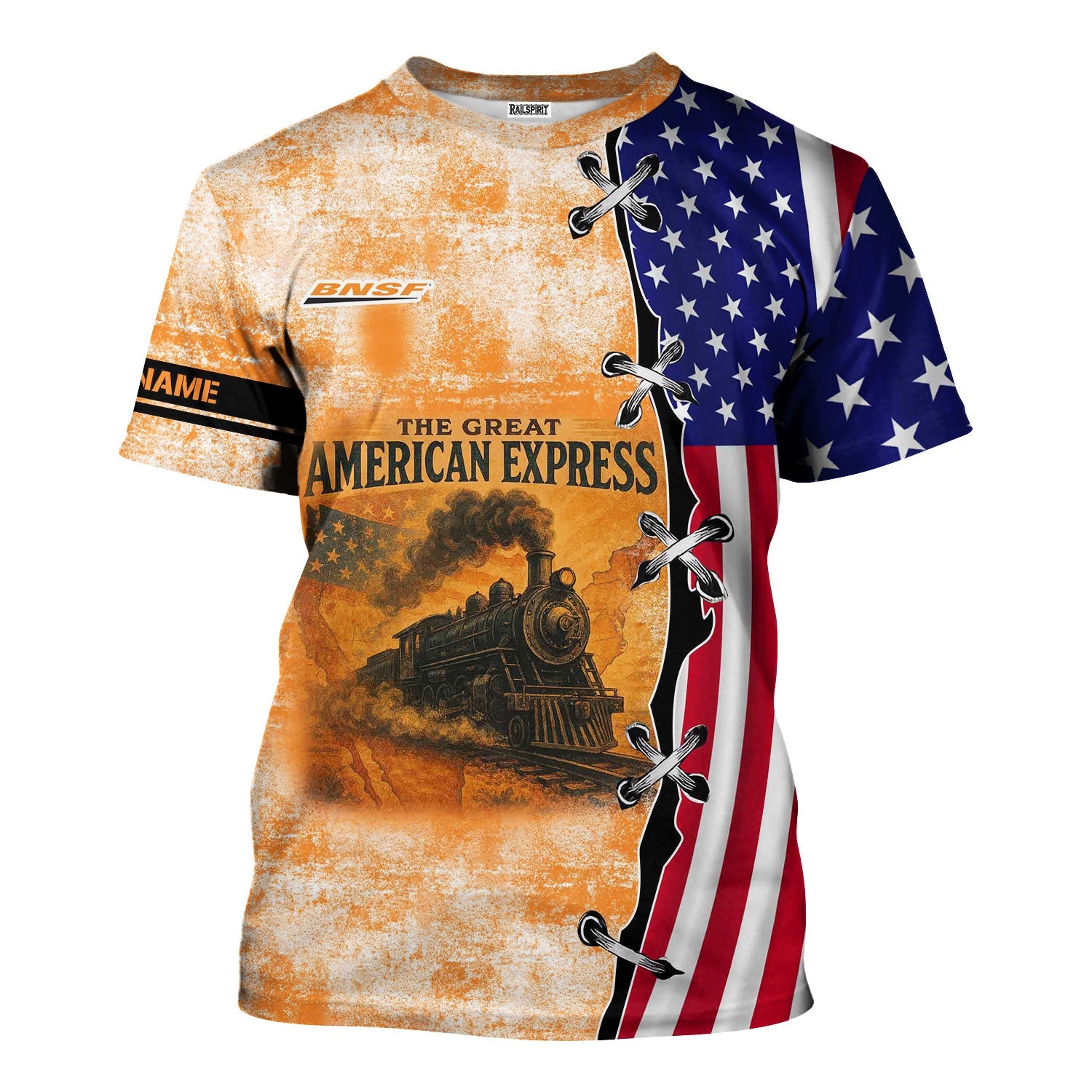 Railspirit Personalized BNSF Railway T-Shirt Retro American Express Train With USA Flag Shirt
