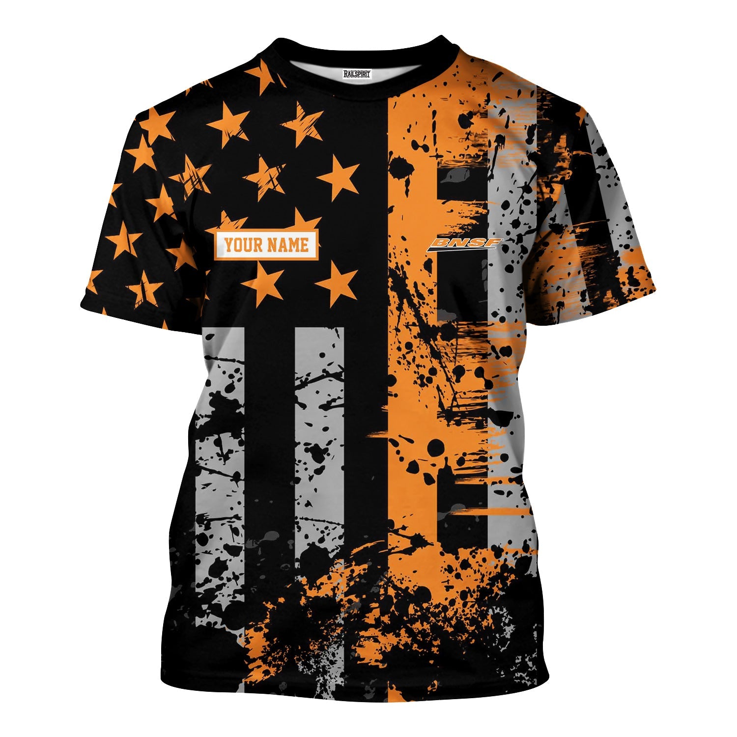 Railspirit Personalized BNSF Railway T-Shirt Artistic Paint American Flag Style Train Shirt