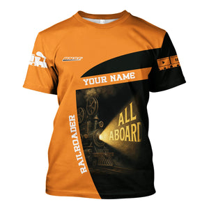 Railspirit Personalized BNSF Railway T-Shirt All Aboard Steam Train Movie Projector Style Shirt