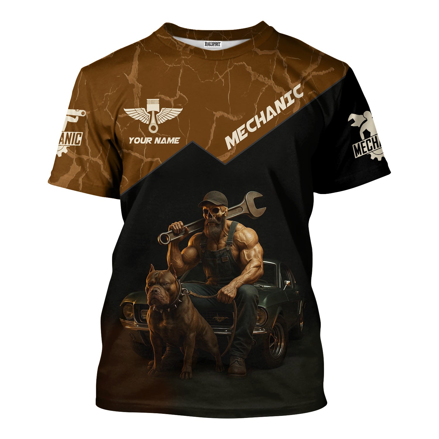 Personalized T-Shirt Don't Mess With Vintage Mechanics Skull with Dog and Classic Car Design Shirt For Mechanics