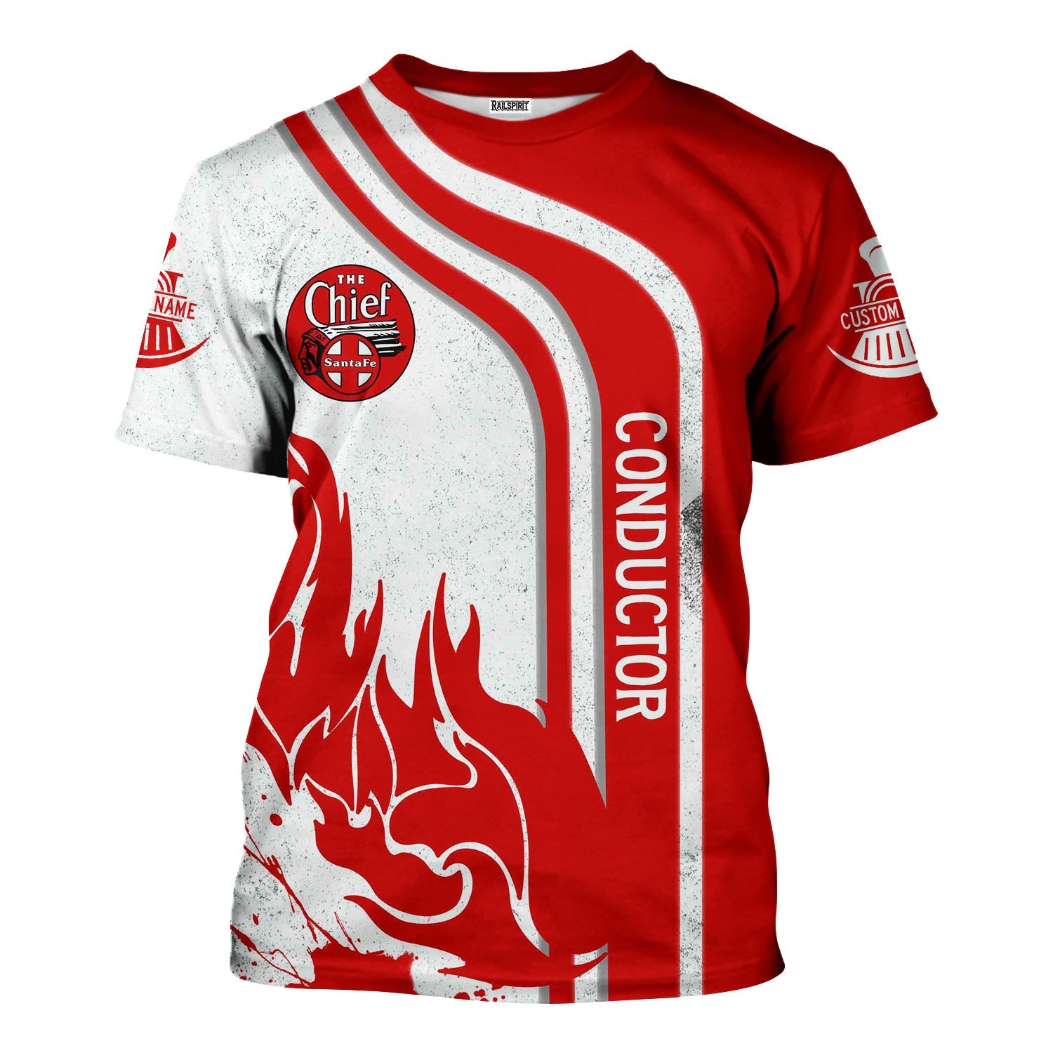 Railspirit Personalized The Chief Santa Fe Railroad T-Shirt Flame Design with Custom Job Position Train Shirt