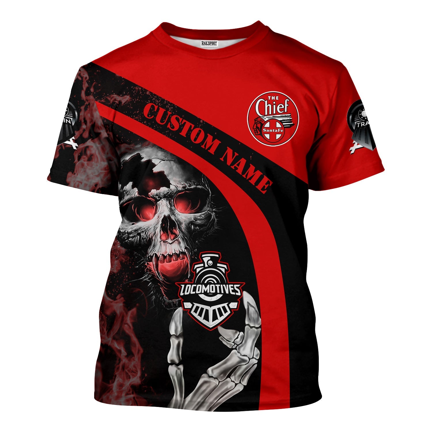 Railspirit Personalized The Chief Santa Fe Railroad T-Shirt Flame Skull Design Train Shirt for Locomotive Fans