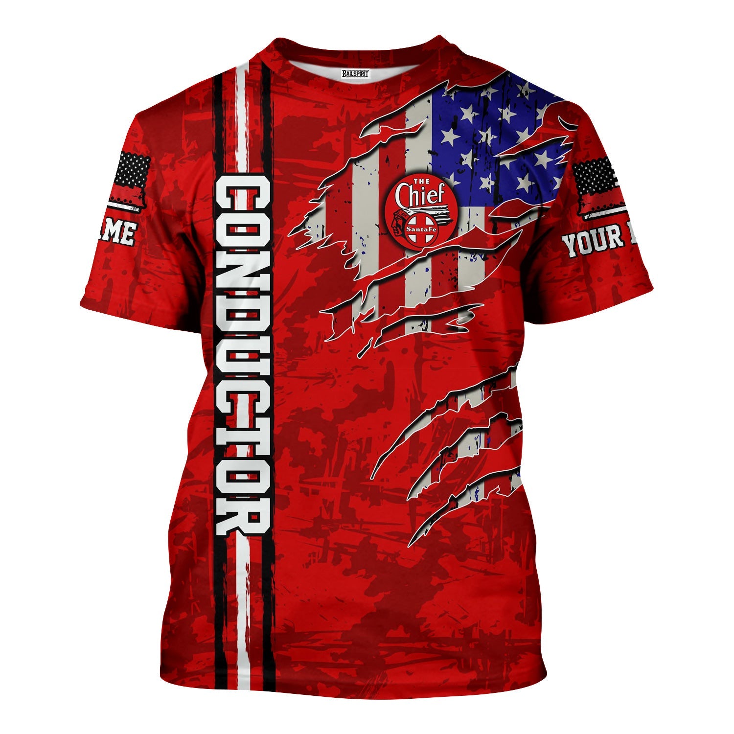 Railspirit Personalized The Chief Santa Fe Railroad T-Shirt USA Flag Claw Art with Custom Job Train Shirt