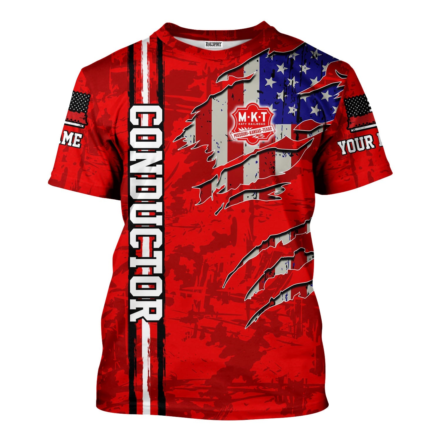 Railspirit Personalized Katy Railroad T-Shirt USA Flag Claw Art with Custom Job Train Shirt