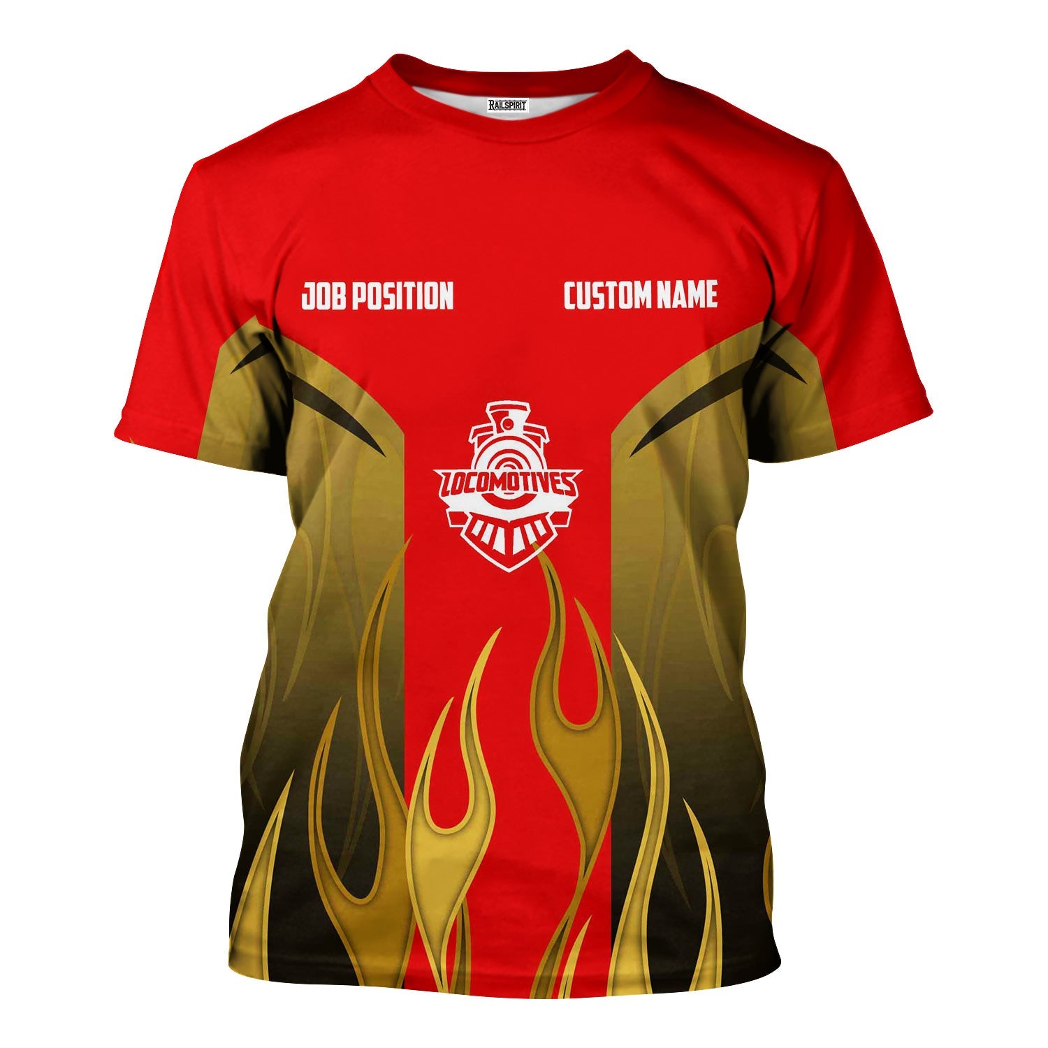 Railspirit Custom Name and Job Title Katy Railroad T-Shirt Flame Graphic Train Shirt