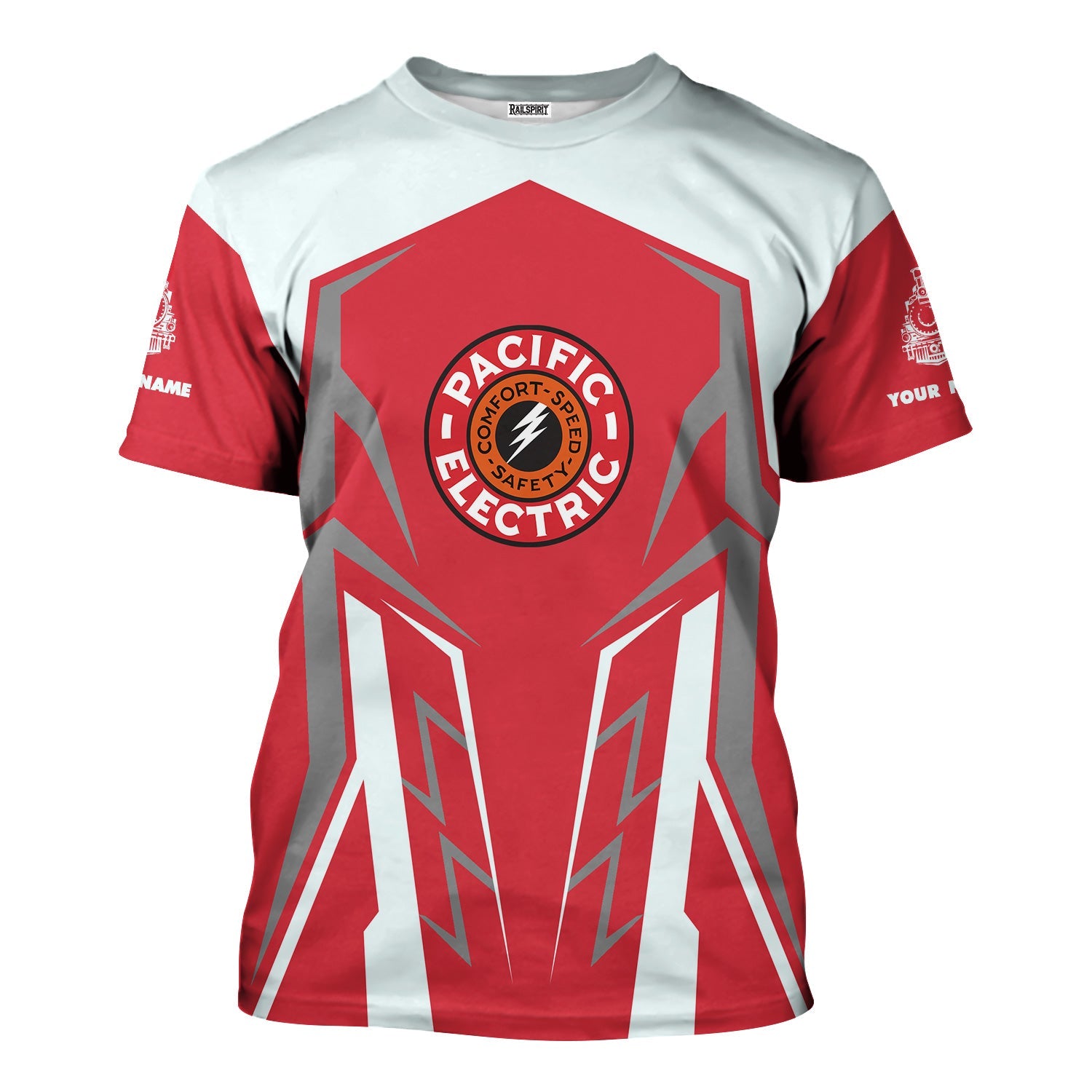 Railspirit Personalized Pacific Electric Railroad T-Shirt Futuristic Design with Custom Job Train Shirt