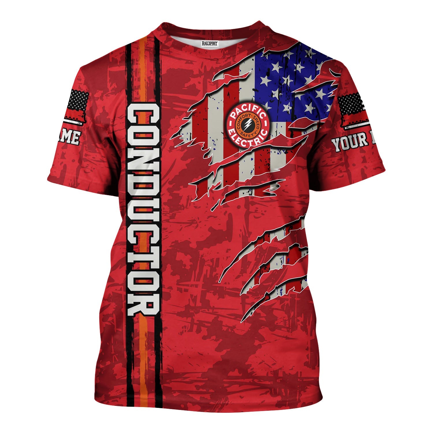 Railspirit Personalized Pacific Electric Railroad T-Shirt USA Flag Claw Art with Custom Job Train Shirt