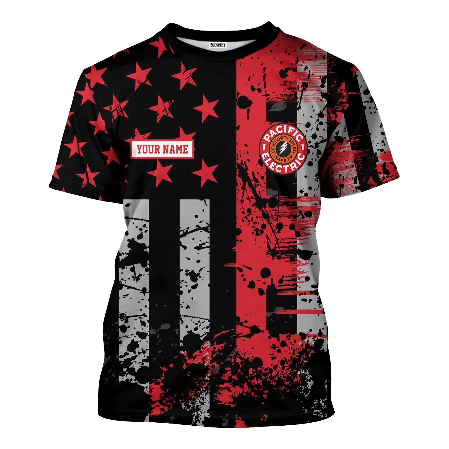 Railspirit Personalized Pacific Electric Railroad T-Shirt Artistic Paint American Flag Style Train Shirt