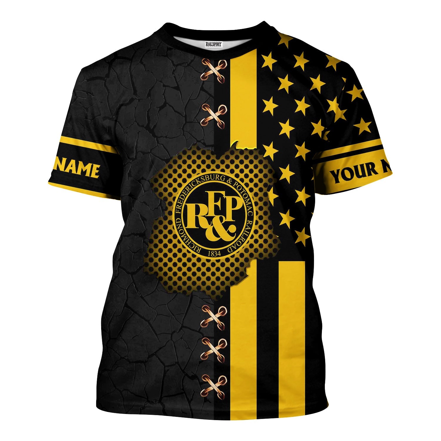 Railspirit Personalized Richmond, Fredericksburg And Potomac Railroad T-Shirt American Flag with Crack Effect Train Shirt