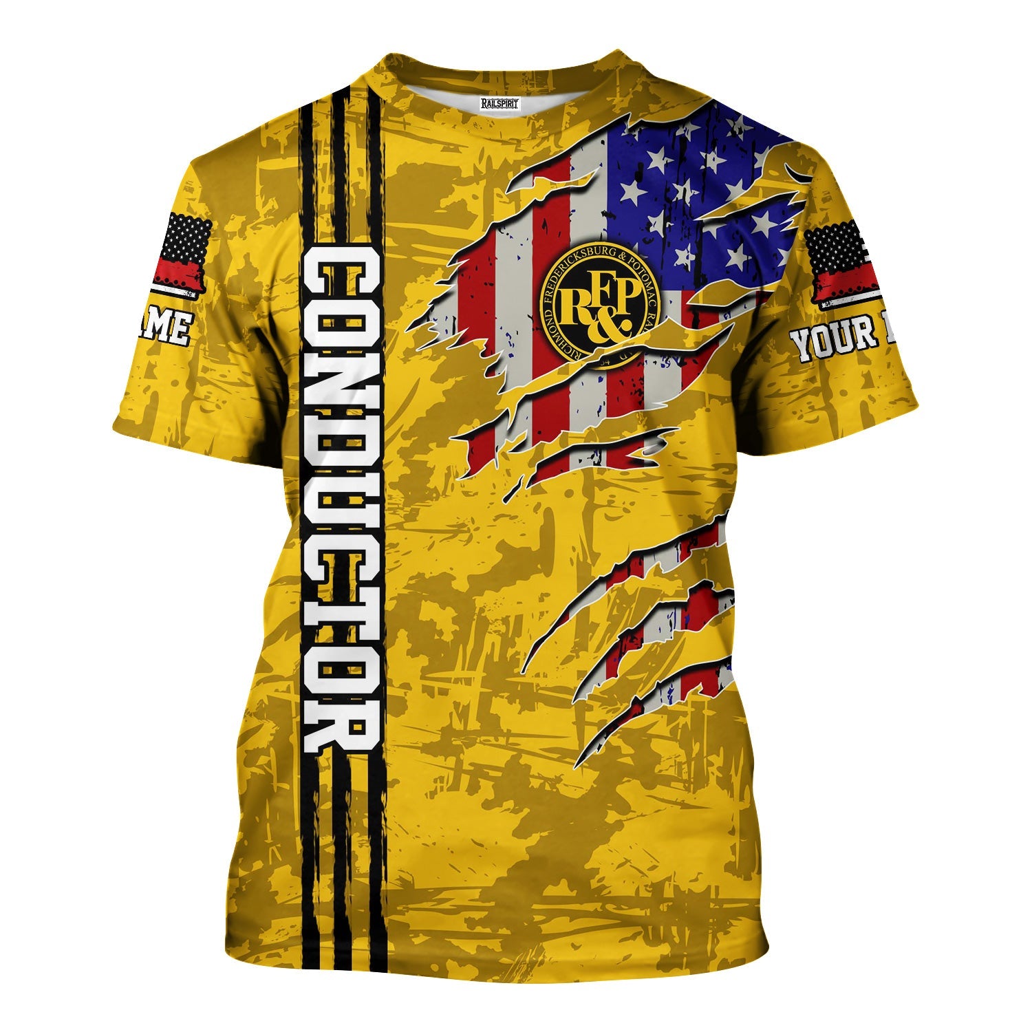 Railspirit Personalized Richmond, Fredericksburg And Potomac Railroad T-Shirt USA Flag Claw Art with Custom Job Train Shirt