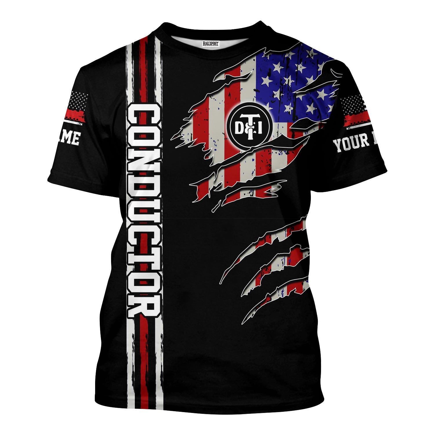 Railspirit Personalized Detroit Toledo And Ironton Railroad T-Shirt USA Flag Claw Art with Custom Job Train Shirt