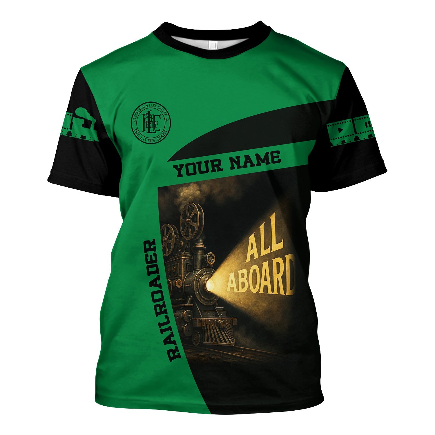 Railspirit Personalized Pittsburgh And Lake Erie Railroad T-Shirt All Aboard Steam Train Movie Projector Style Shirt