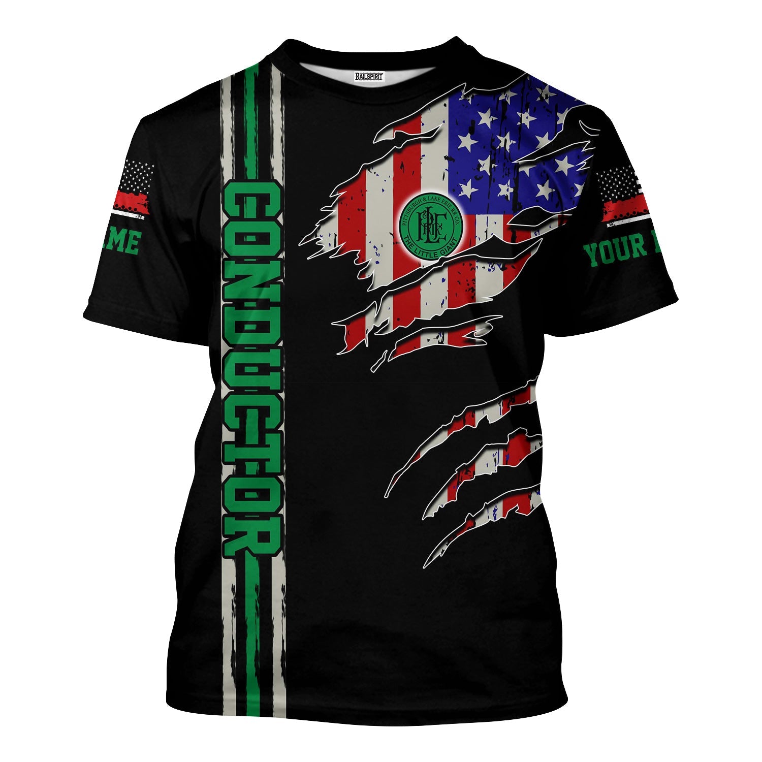 Railspirit Personalized Pittsburgh And Lake Erie Railroad T-Shirt USA Flag Claw Art with Custom Job Train Shirt