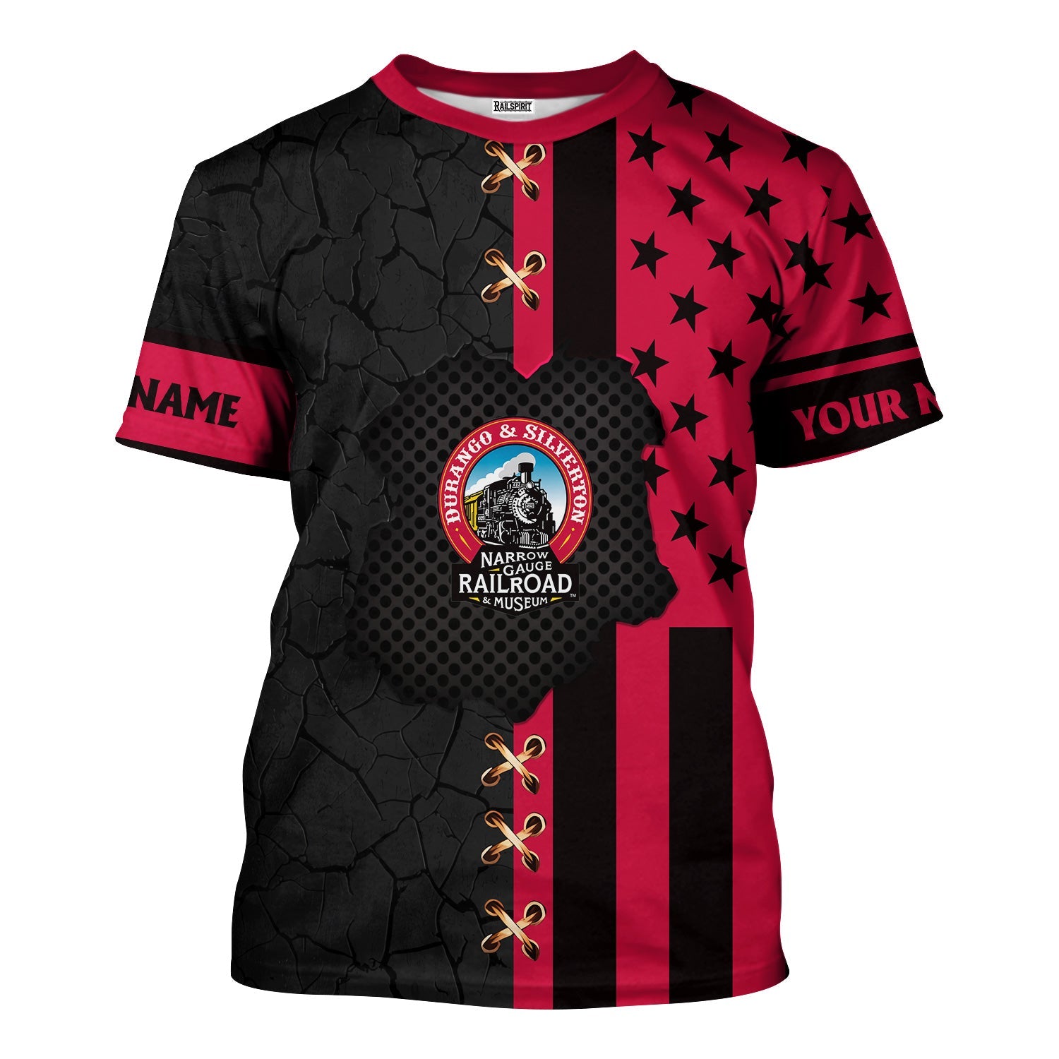 Railspirit Personalized Durango And Silverton Narrow Gauge Railroad T-Shirt American Flag with Crack Effect Train Shirt