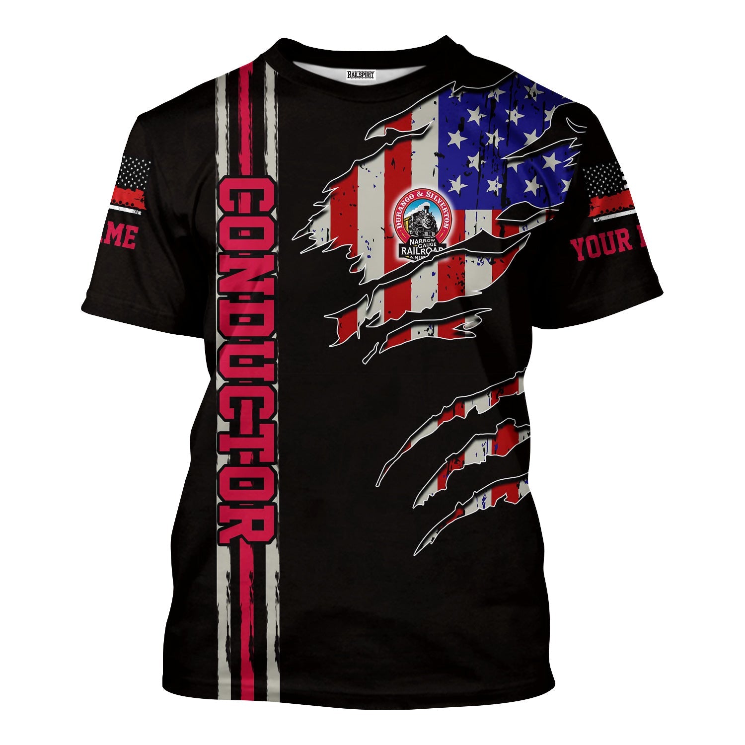 Railspirit Personalized Durango And Silverton Narrow Gauge Railroad T-Shirt USA Flag Claw Art with Custom Job Train Shirt