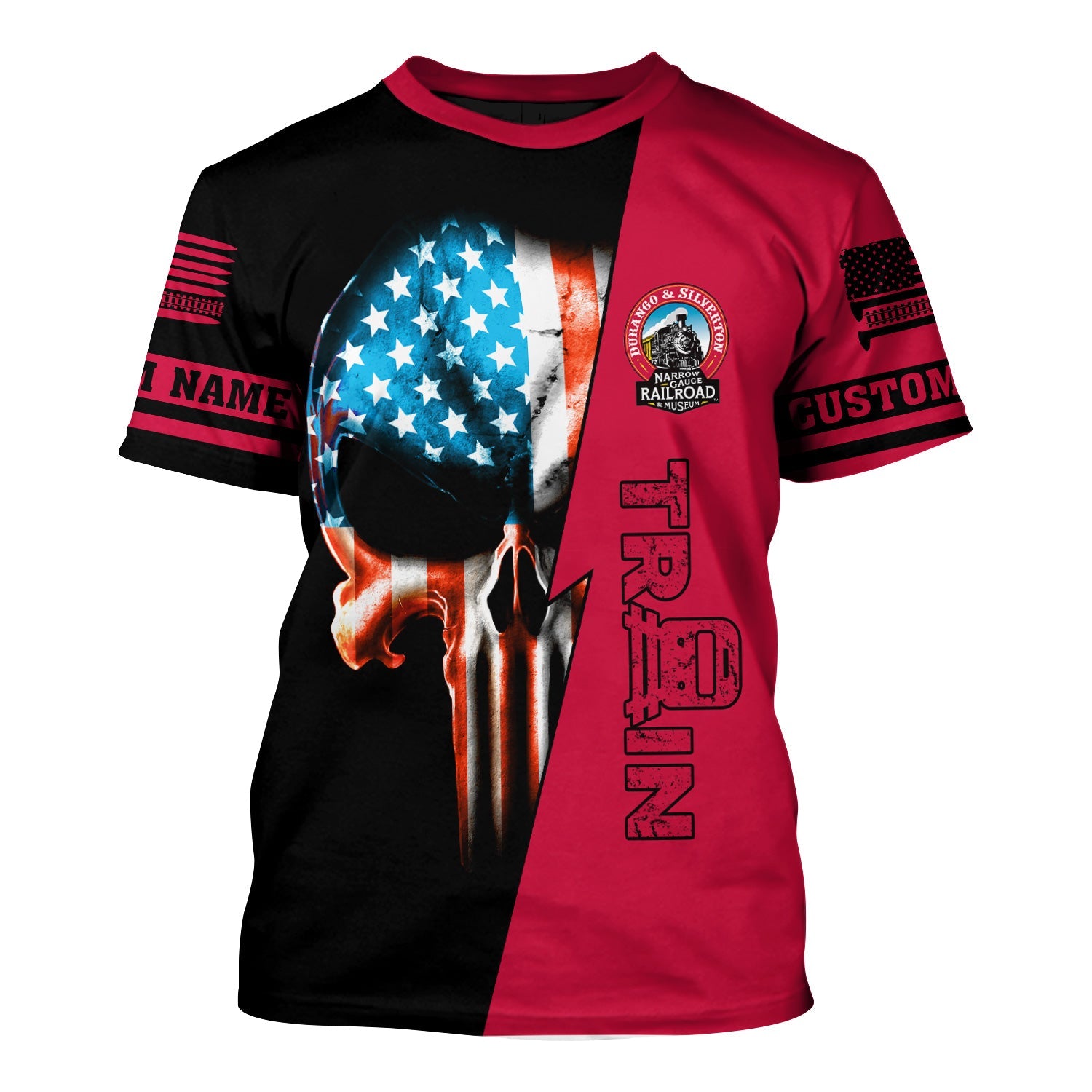 Railspirit Personalized Durango And Silverton Narrow Gauge Railroad T-Shirt Train Skull American Flag Shirt All Over Print