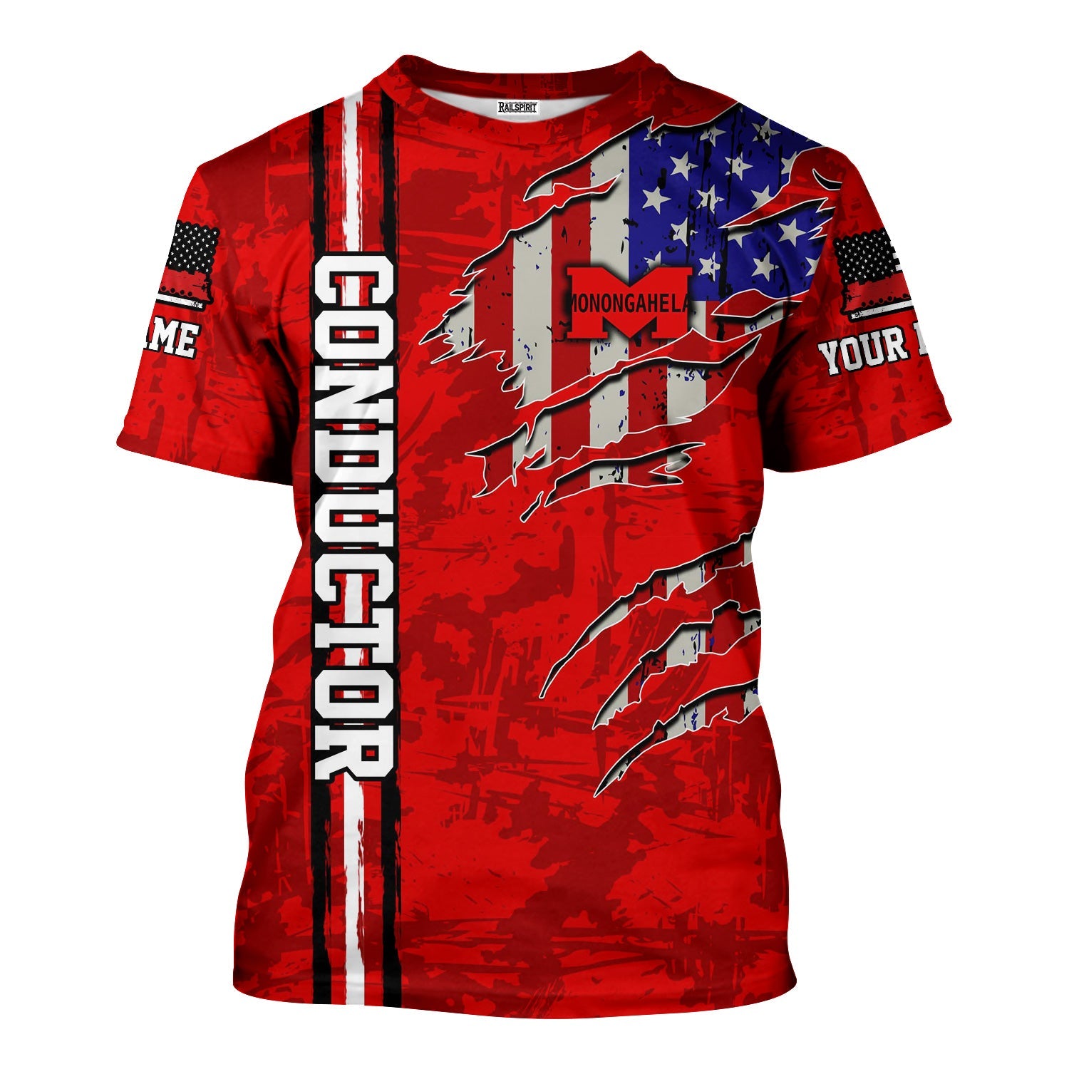 Railspirit Personalized Monongahela Railroad T-Shirt USA Flag Claw Art with Custom Job Train Shirt