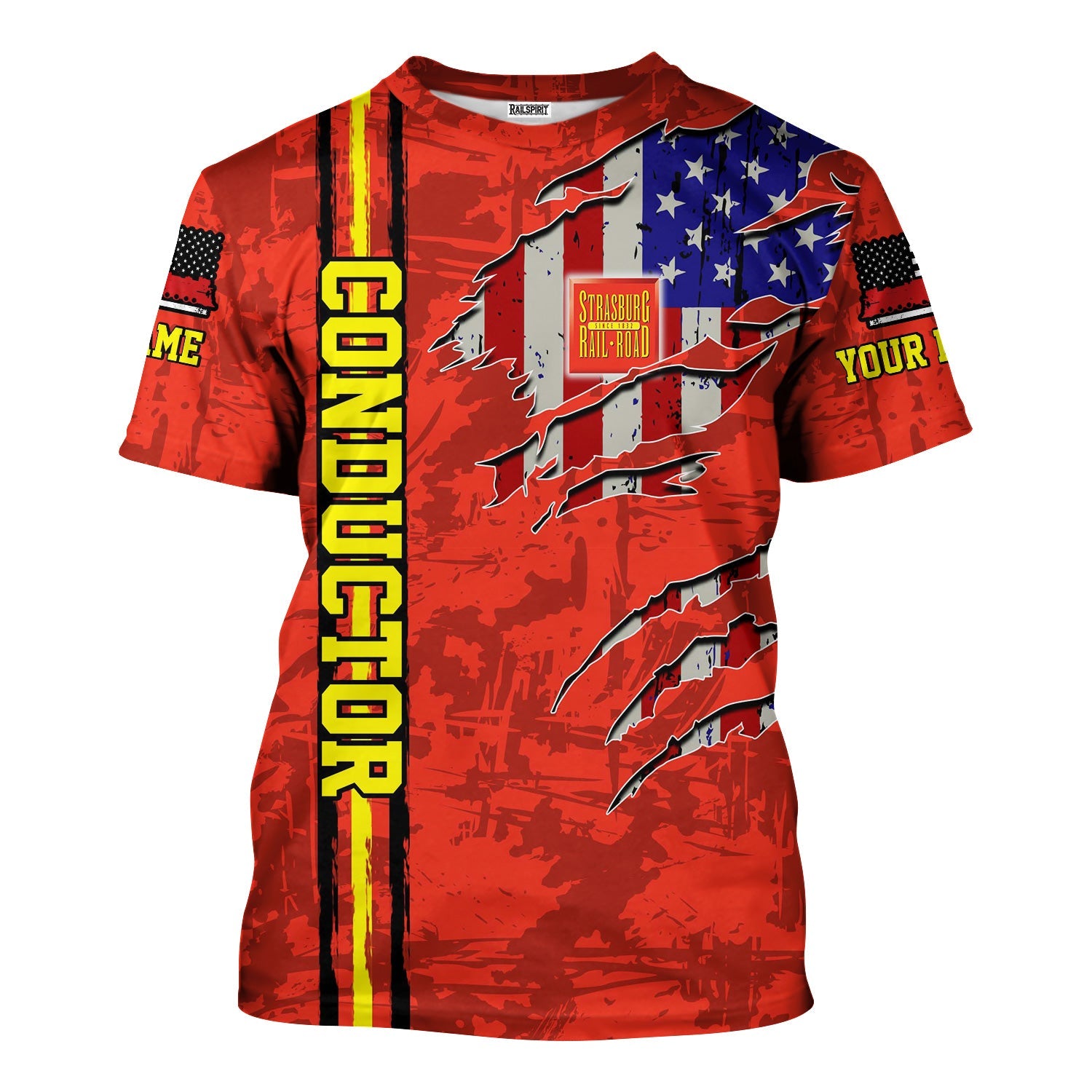 Railspirit Personalized Strasburg Railroad T-Shirt USA Flag Claw Art with Custom Job Train Shirt
