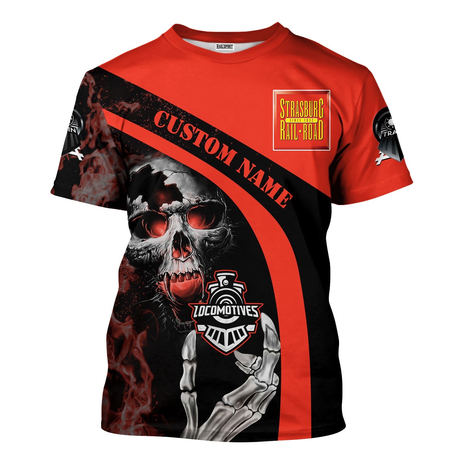 Railspirit Personalized Strasburg Railroad T-Shirt Flame Skull Design Train Shirt for Locomotive Fans