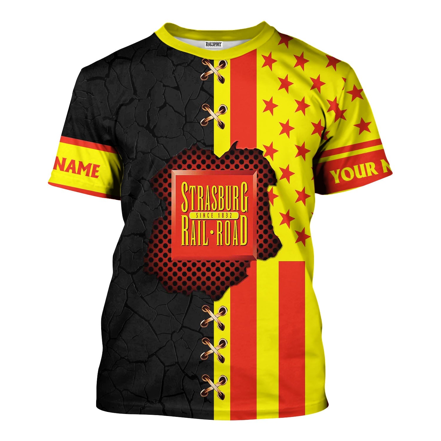 Railspirit Personalized Strasburg Railroad T-Shirt American Flag with Crack Effect Train Shirt