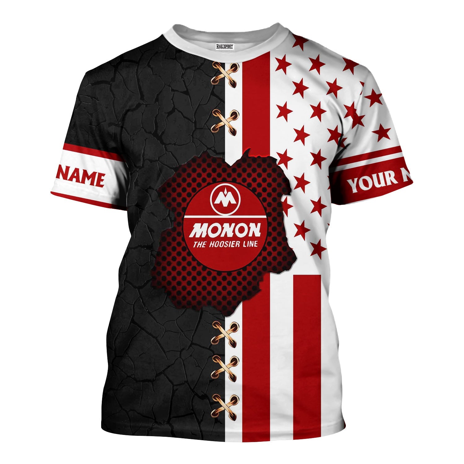 Railspirit Personalized Monon Railroad T-Shirt American Flag with Crack Effect Train Shirt