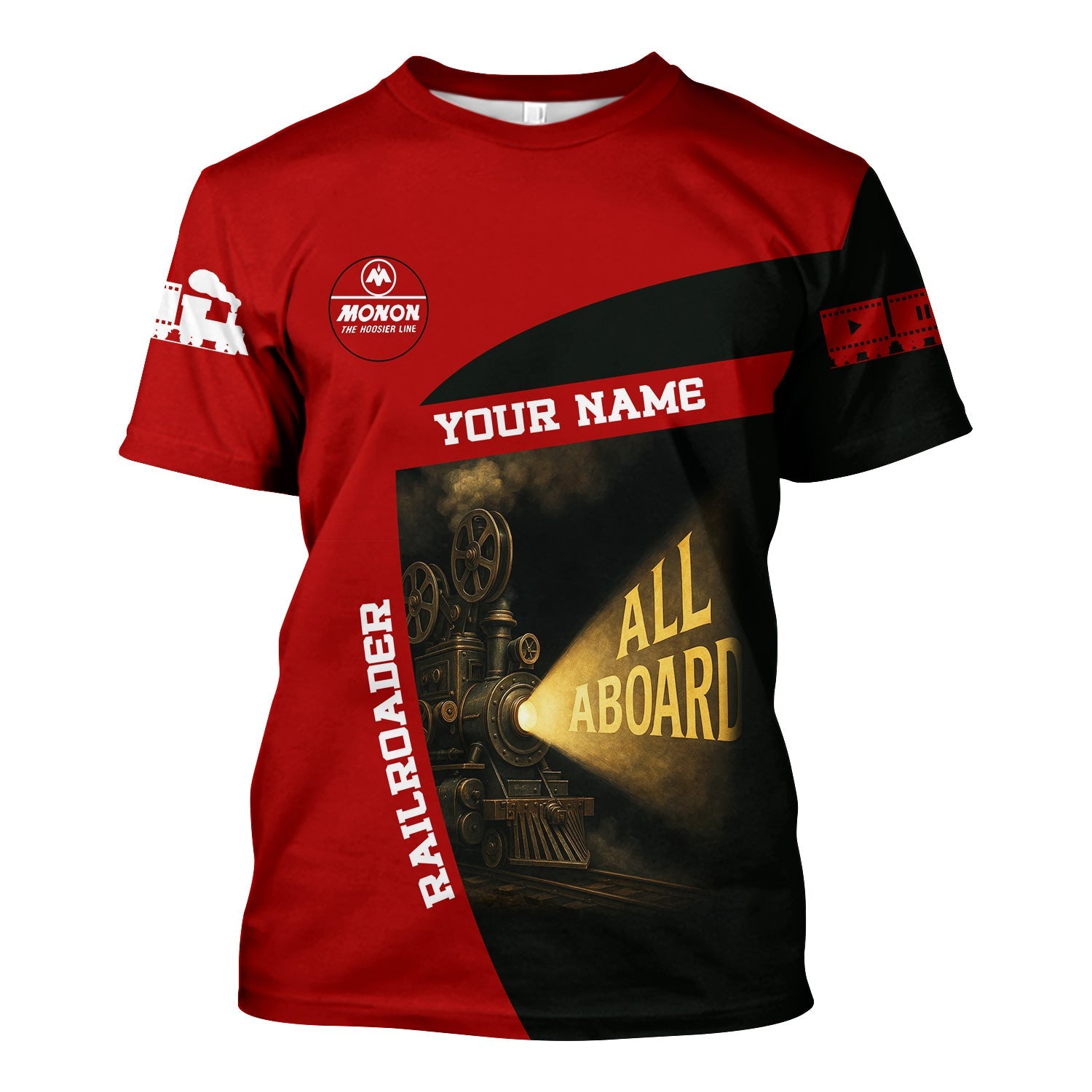 Railspirit Personalized Monon Railroad T-Shirt All Aboard Steam Train Movie Projector Style Shirt